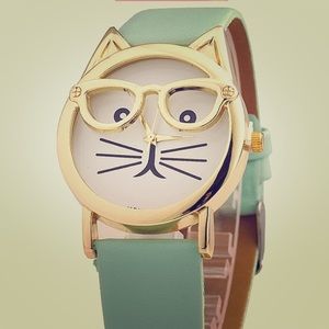 Light Teal green Cat with glasses watch